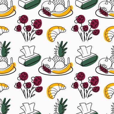 Piknik elementlerinin kusursuz desen rengi ve kontur çizimleri