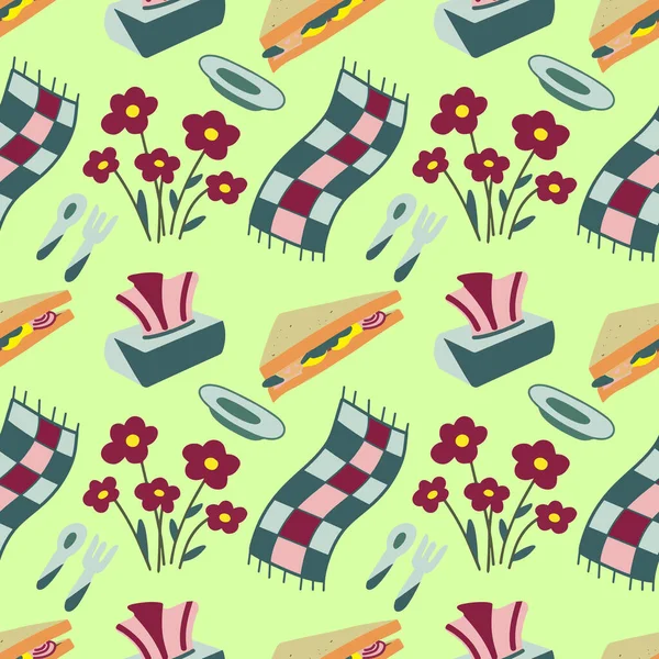 Nahtlose Muster-Farbzeichnungen von Picknick-Elementen — Stockvektor