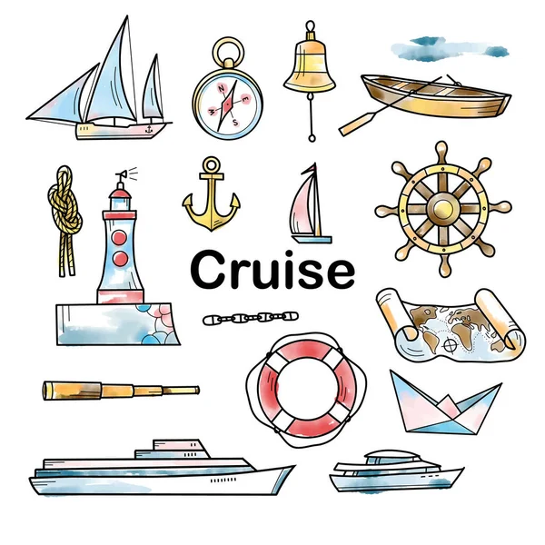 Contour and watercolor drawings, a set of cruise —  Vetores de Stock