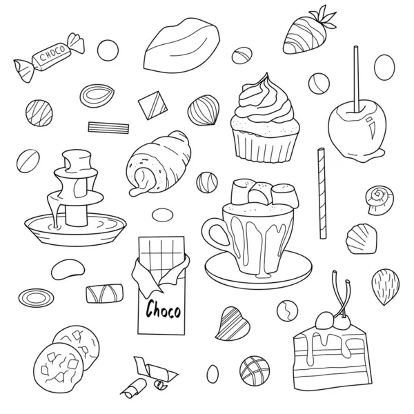 Dessins de contour, un ensemble de bonbons au chocolat — Image vectorielle