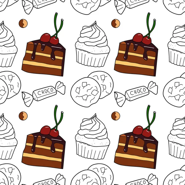 Seamless pattern with the image of chocolate sweets —  Vetores de Stock