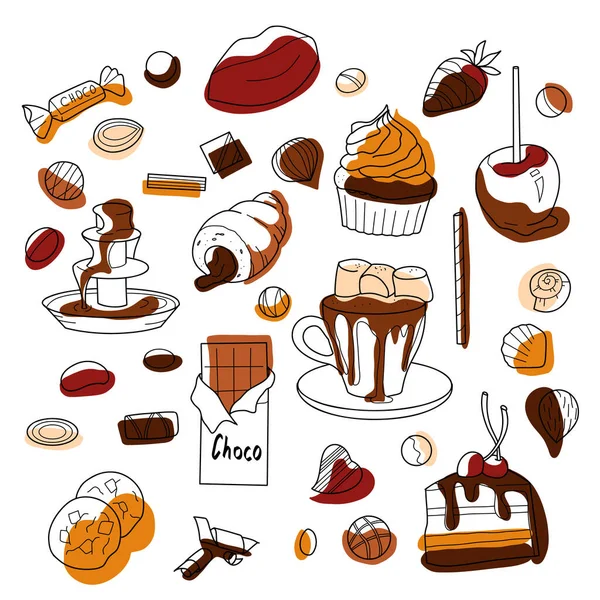 Kontur Und Flachzeichnungen Eine Reihe Von Schokoladenbonbons Croissant Kuchen Schokolade — Stockvektor