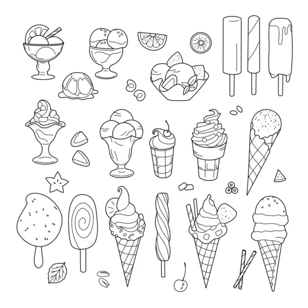 Контурные Рисунки Набор Мороженого Вафельной Чашке Конусе Миске Палочке — стоковый вектор