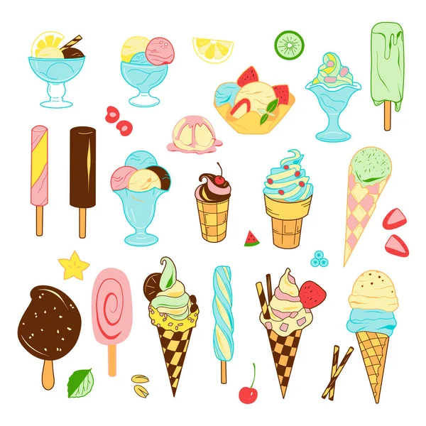 Плоские Рисунки Набор Мороженого Вафельной Чашке Конусе Миске Палочке — стоковый вектор