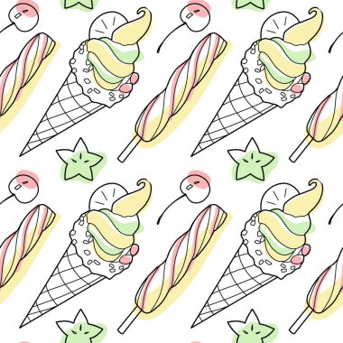 Şekerlerin kusursuz deseni - waffle kabında dondurma vektörü