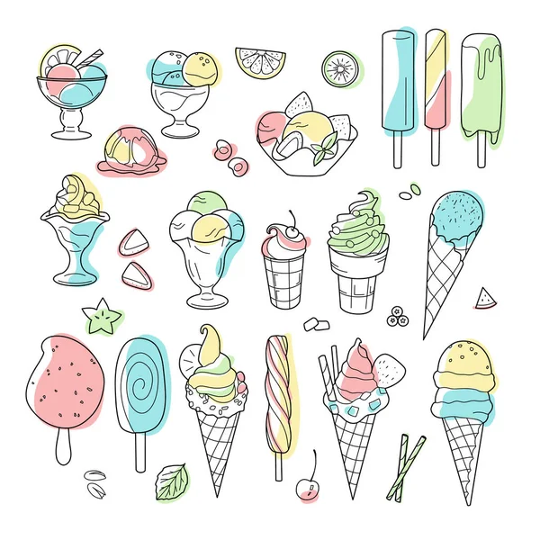 Dibujos Contorno Color Conjunto Helados Helados Una Taza Gofres Cono — Vector de stock