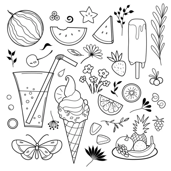 Contour Drawings Set Summer Sweets Flowers Vector — Stock vektor