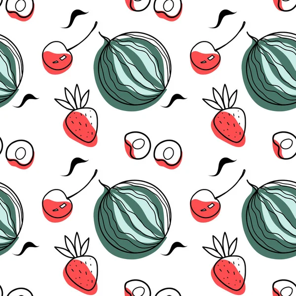 Seamless Pattern Color Contour Drawings Summer Sweets Watermelon Strawberry Cherry — Vector de stock