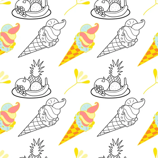 Seamless Pattern Color Contour Drawings Summer Sweets Fruit Ice Cream — Image vectorielle