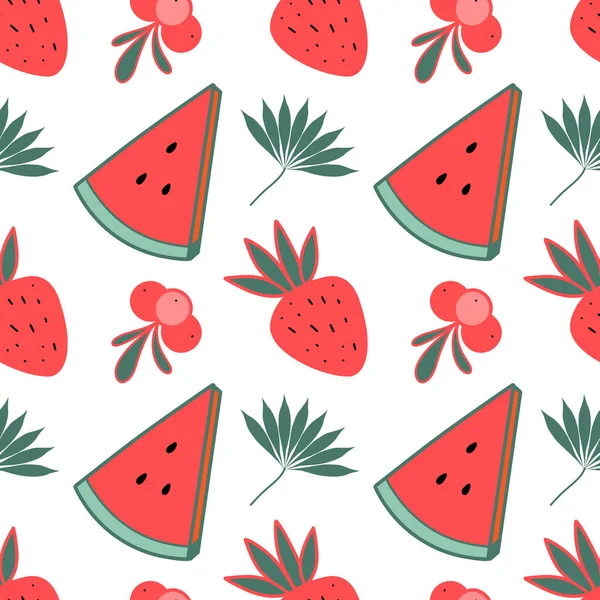 Seamless Pattern Color Drawings Summer Sweets Watermelon Strawberries Berries — Vetor de Stock