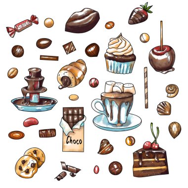 suluboya çizimler, çikolatalı kruvasan seti, pasta, çikolata, kurabiye, çikolata çeşmesi, elma ve çikolata kaplı çilek.