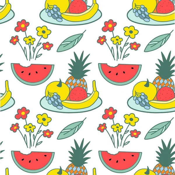 Seamless Pattern Color Drawings Fruit Flowers Watermelon — Stock Vector