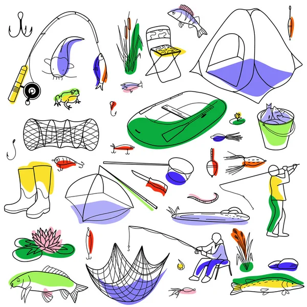 Комплект Контурных Точечных Рисунков Рыболовных Элементов Рыбак Удочка Посадочная Сетка — стоковый вектор