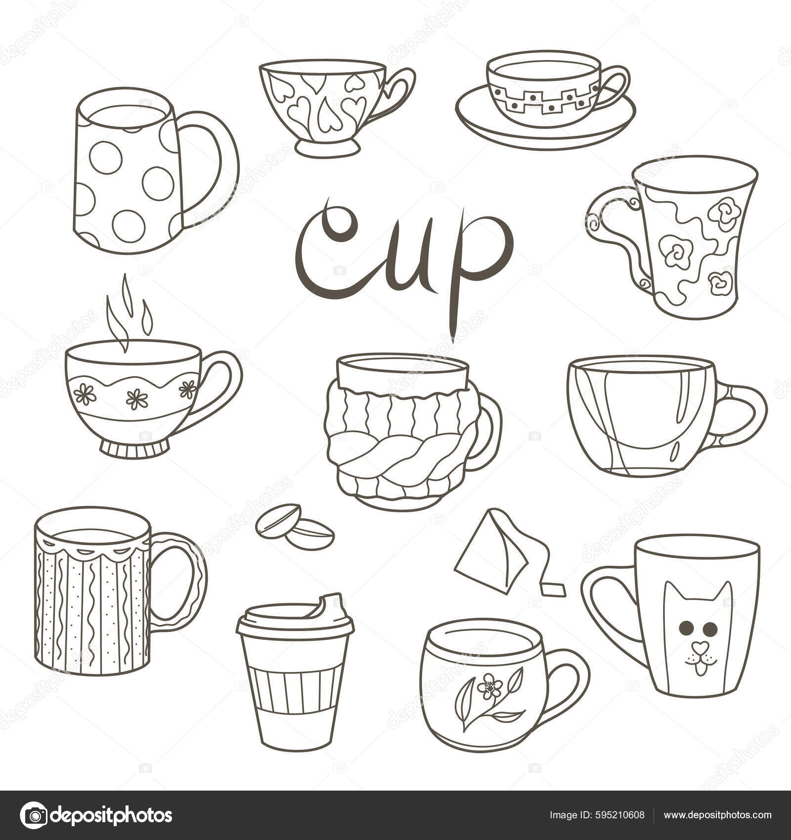 Contour Drawings Cup Set Fun Cups Tea Coffee Stock Vector by ©toshka81  595210608