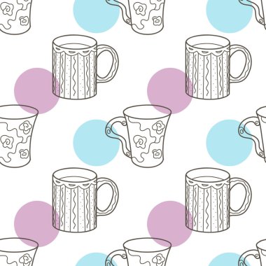 vector seamless pattern on the fun cups for tea and coffee