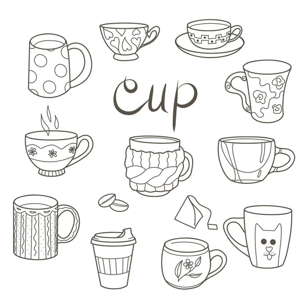 Contour Drawings Cup Set Fun Cups Tea Coffee — Vector de stock
