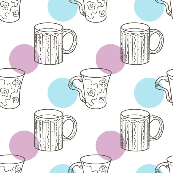 Vector Seamless Pattern Fun Cups Tea Coffee — Stock Vector