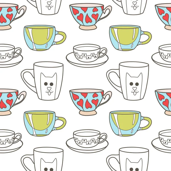 Vector Seamless Pattern Fun Cups Tea Coffee Contur Flat — Stock Vector