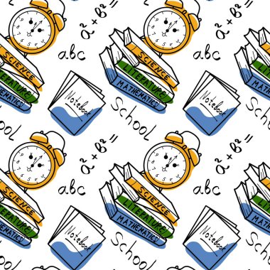 vector seamless pattern elements Back to School: textbooks, books, notebooks, alarm