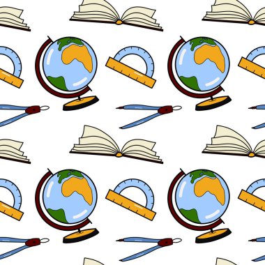 vector seamless pattern elements Back to School textbooks, books globe rulers