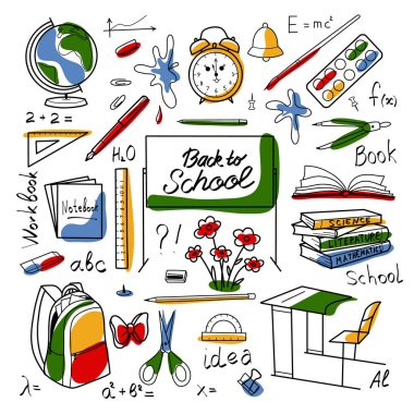 contur and spot drawings, school elements set Back to School