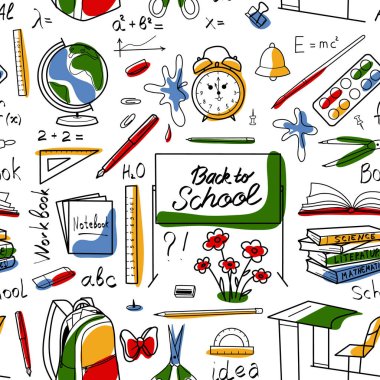 vector seamless pattern elements Back to School textbooks, books, globe, alarm, rulers