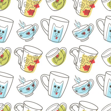 Çay, kahve ve benek için eğlence fincanlarında kusursuz bir desen var.