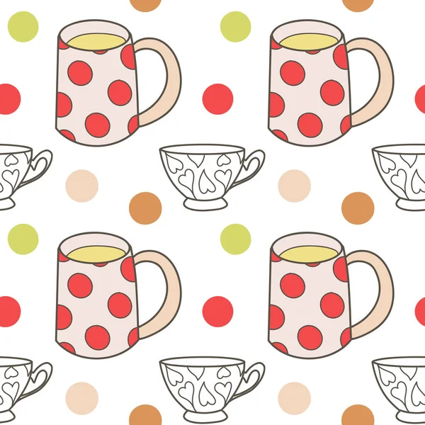 Vector Seamless Pattern Fun Cups Tea Coffee Contur Spot — Stock Vector