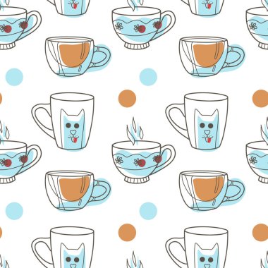 Çay, kahve ve benek için eğlence fincanlarında kusursuz bir desen var.