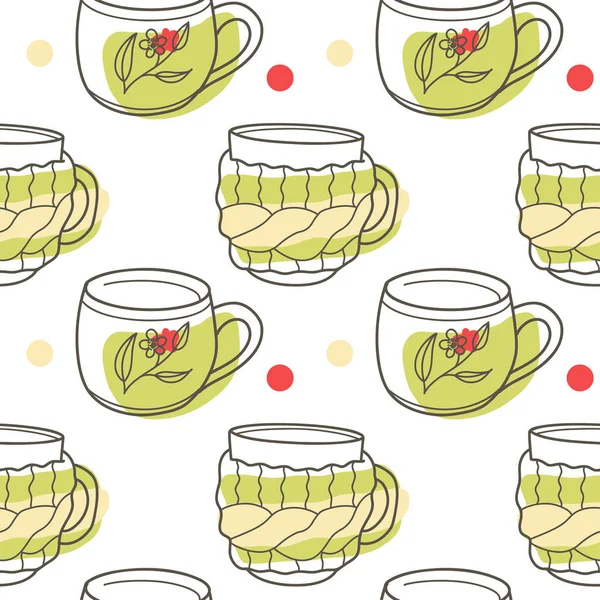 Vector Seamless Pattern Fun Cups Tea Coffee Contur Spot — Stock Vector