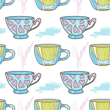 Çay, kahve kontur ve kalem için eğlence fincanlarında kusursuz bir desen var.