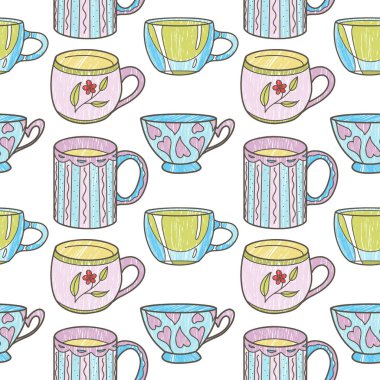 Çay, kahve kontur ve kalem için eğlence fincanlarında kusursuz bir desen var.