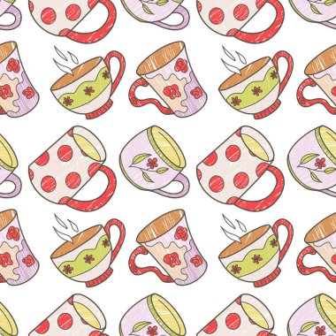 Çay, kahve kontur ve kalem için eğlence fincanlarında kusursuz bir desen var.