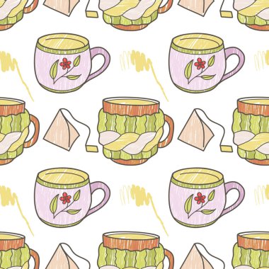 Çay, kahve kontur ve kalem için eğlence fincanlarında kusursuz bir desen var.