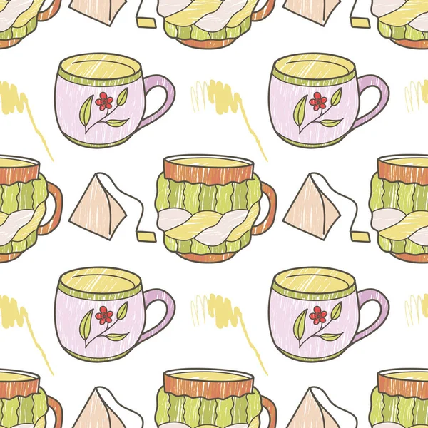 Vector Seamless Pattern Fun Cups Tea Coffee Contur Pencil — Stock Vector