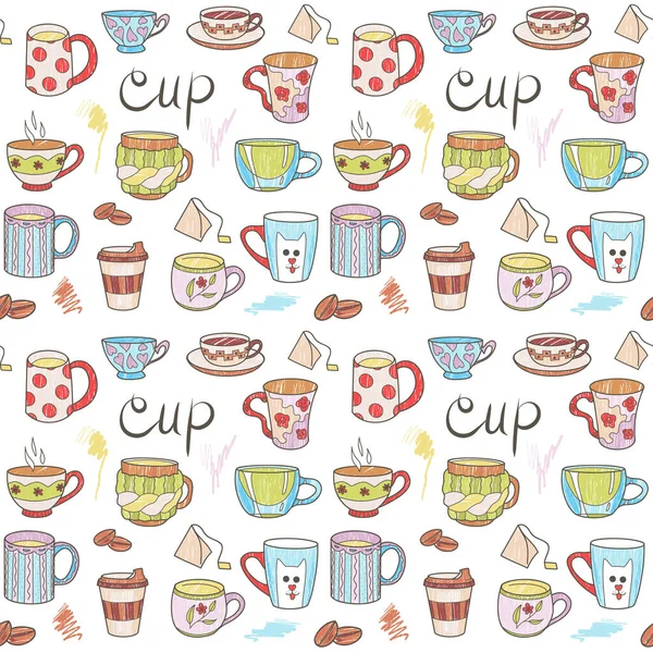 Vector Seamless Pattern Fun Cups Tea Coffee Contur Pencil — Stock Vector