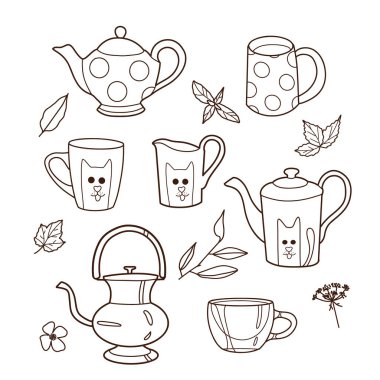 kontur çizimleri, fincan ve çaydanlık seti, çay ve kahve için eğlence fincanları