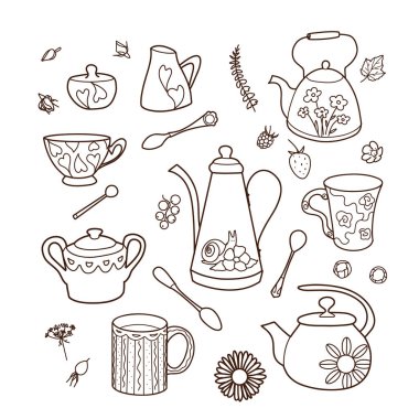 kontur çizimleri, fincan ve çaydanlık seti, çay ve kahve için eğlence fincanları