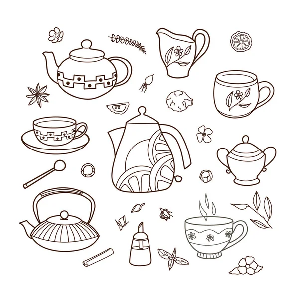 kontur çizimleri, fincan ve çaydanlık seti, çay ve kahve için eğlence fincanları