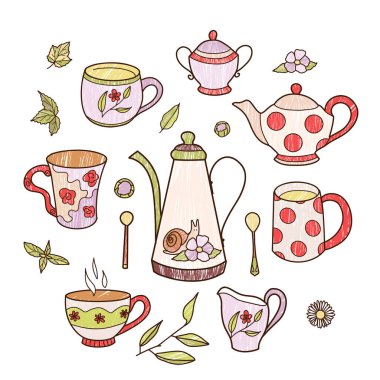 Kalem çizimleri, fincan ve çaydanlık seti, çay ve kahve için eğlence bardakları