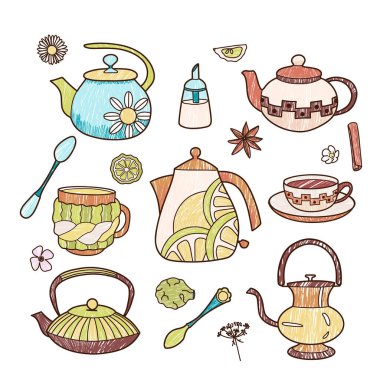 Kalem çizimleri, fincan ve çaydanlık seti, çay ve kahve için eğlence bardakları