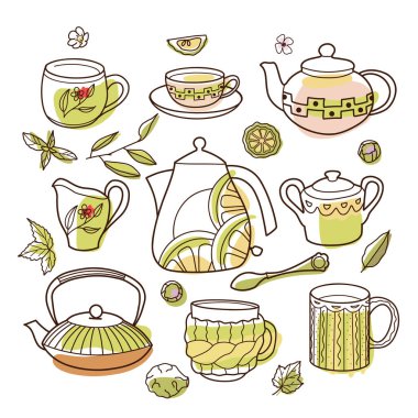 kontur ve nokta çizimleri, fincan ve çaydanlık seti, çay ve kahve için eğlence fincanları