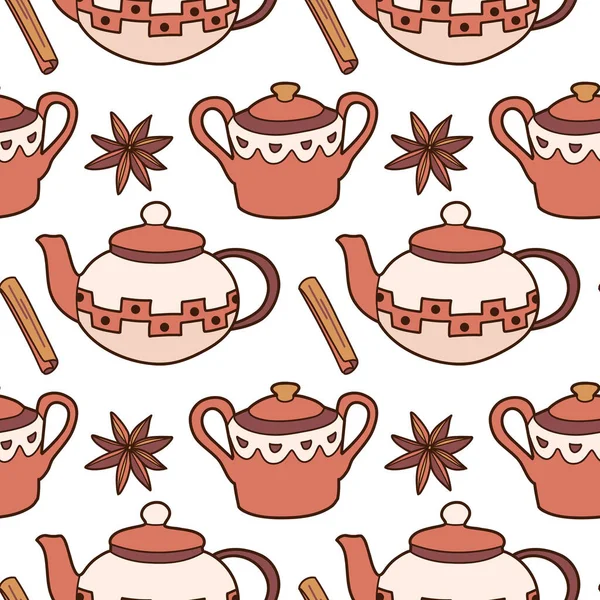 Flat Vector Seamless Pattern Fun Cups Teapot Tea Coffee — Stock Vector