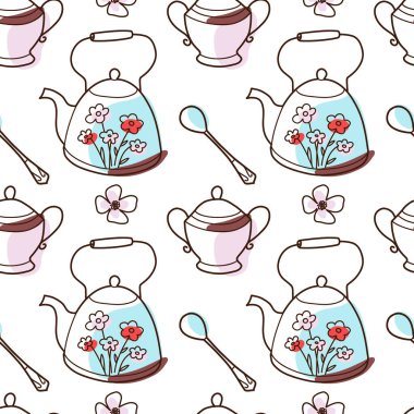 contur and spot vector seamless pattern on the fun cups and teapot for tea and coffee