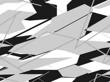 Karanlık bir arka planda kusursuz geometrik şekiller ve çizgiler. Modern kamuflaj. Yarış geçmişi. Kumaş, vinil ve çıkartma üzerine basılmış. Vektör