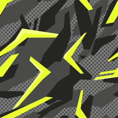 Şekillerin kusursuz deseni. Soyut kamuflaj şebekesi. Vinil ve çıkartma konusunda yarış geçmişi. Kumaş ve tekstil üzerine baskı. Vektör illüstrasyonu
