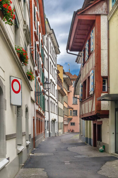 Street with historic houses in Lucerne city center, Switzerland