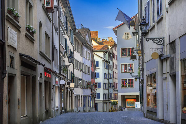 Street with historic houses in Zurich city center, Switzerland