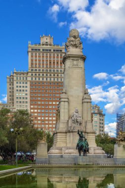 Monument to Miguel de Cervantes Saavedra on Plaza de Espana, Madrid, Spain