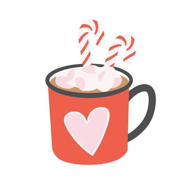 Şekerlemeli ve bastonlu kakao kupası. Çizgi film biçimi.